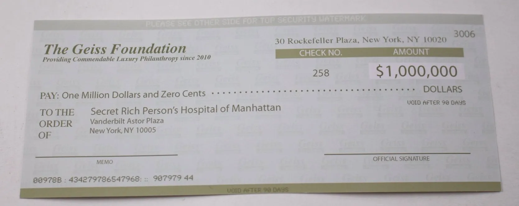 30 Rock: Geiss Foundation Check for a Million Dollars to Secret Rich Person's Hospital