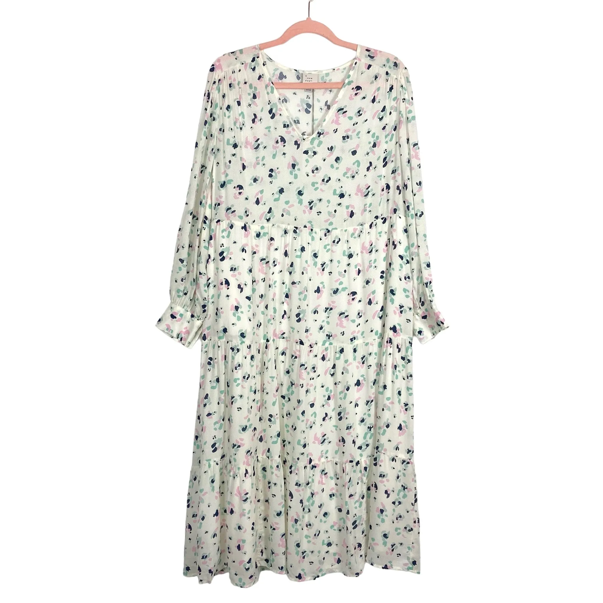 A New Day Cream/Navy/Mint/Lilac Patterned Midi Dress NWT- Size S