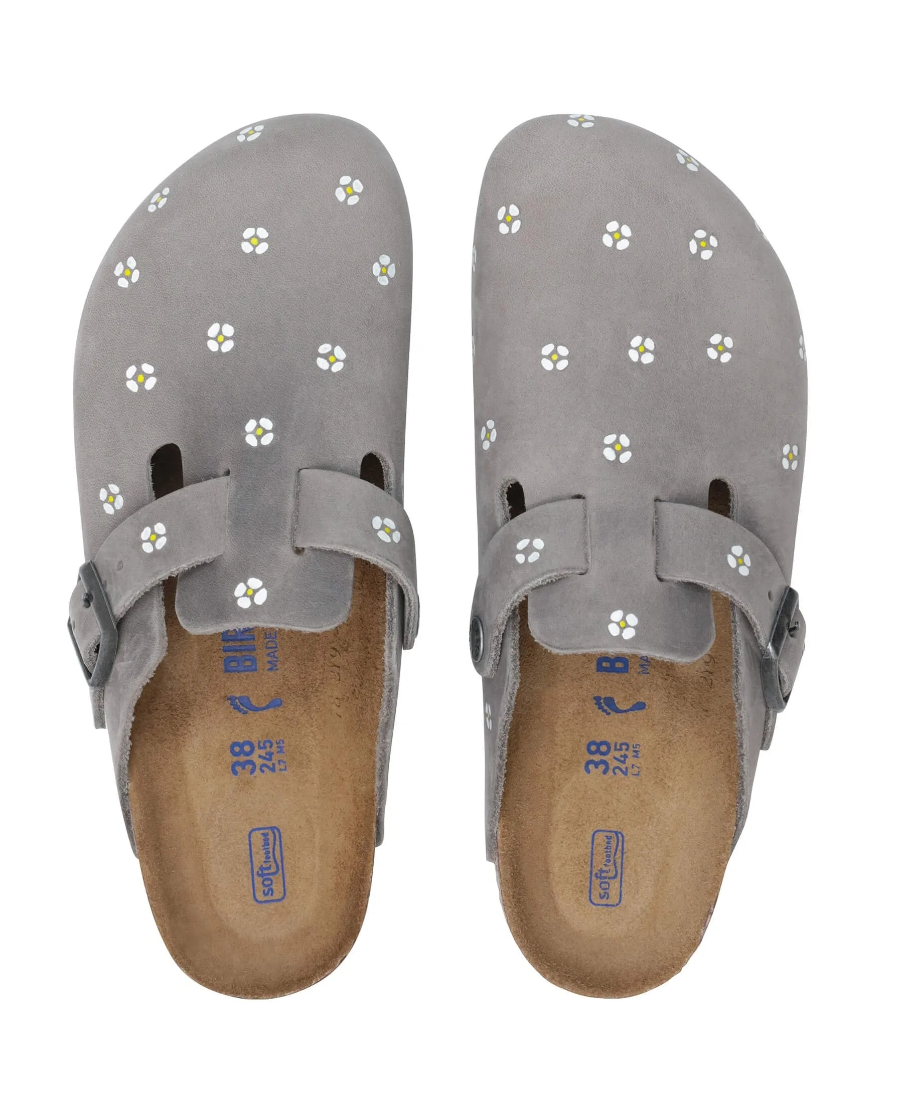 BIRKENSTOCK Boston with Hand Painted Tooled Daisy. -- Iron Oiled Leather with Cream