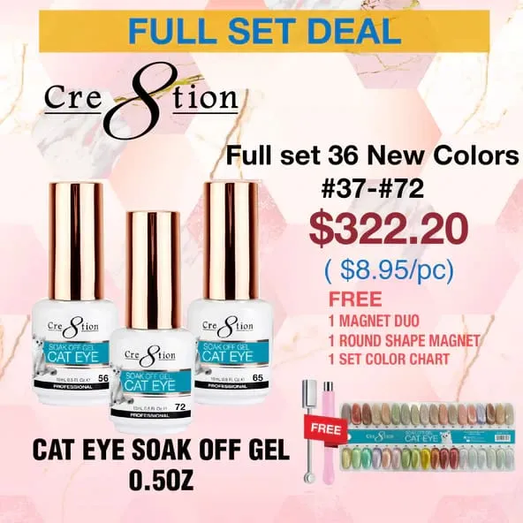 Cre8tion Cat Eye Nude Soak Off Gel 0.5oz - Full Set 36 Colors (#37 - #72) w/ 1 Round Shape Magnet, 1 Magnet Duo & 1 set Color Ch