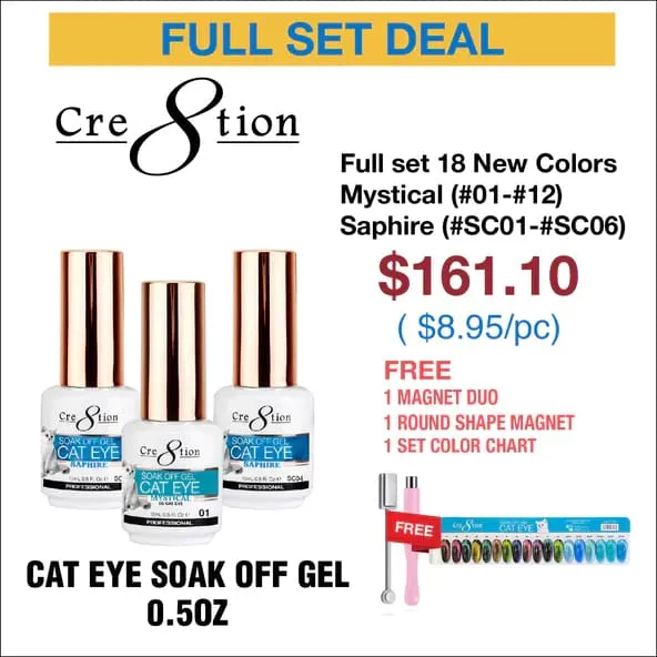 Cre8tion Cat Eye Soak Off Gel 0.5oz - Full Set 18 Colors - Mystical Collection (#01-#12) & Saphire Cat Eye (#SC01-#SC06) w/ 1 Ro