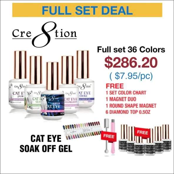 Cre8tion Cat Eye Soak Off Gel 0.5oz - Full Set 36 colors (#01 - #36) w/ 6 Top Diamond 0.5oz, 2 Magnet Duo & 1 set Color Chart