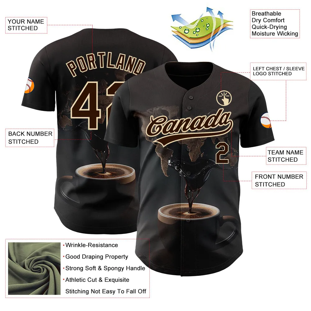 Custom Black Brown Cream 3D Pattern Design International Coffee Day Authentic Baseball Jersey