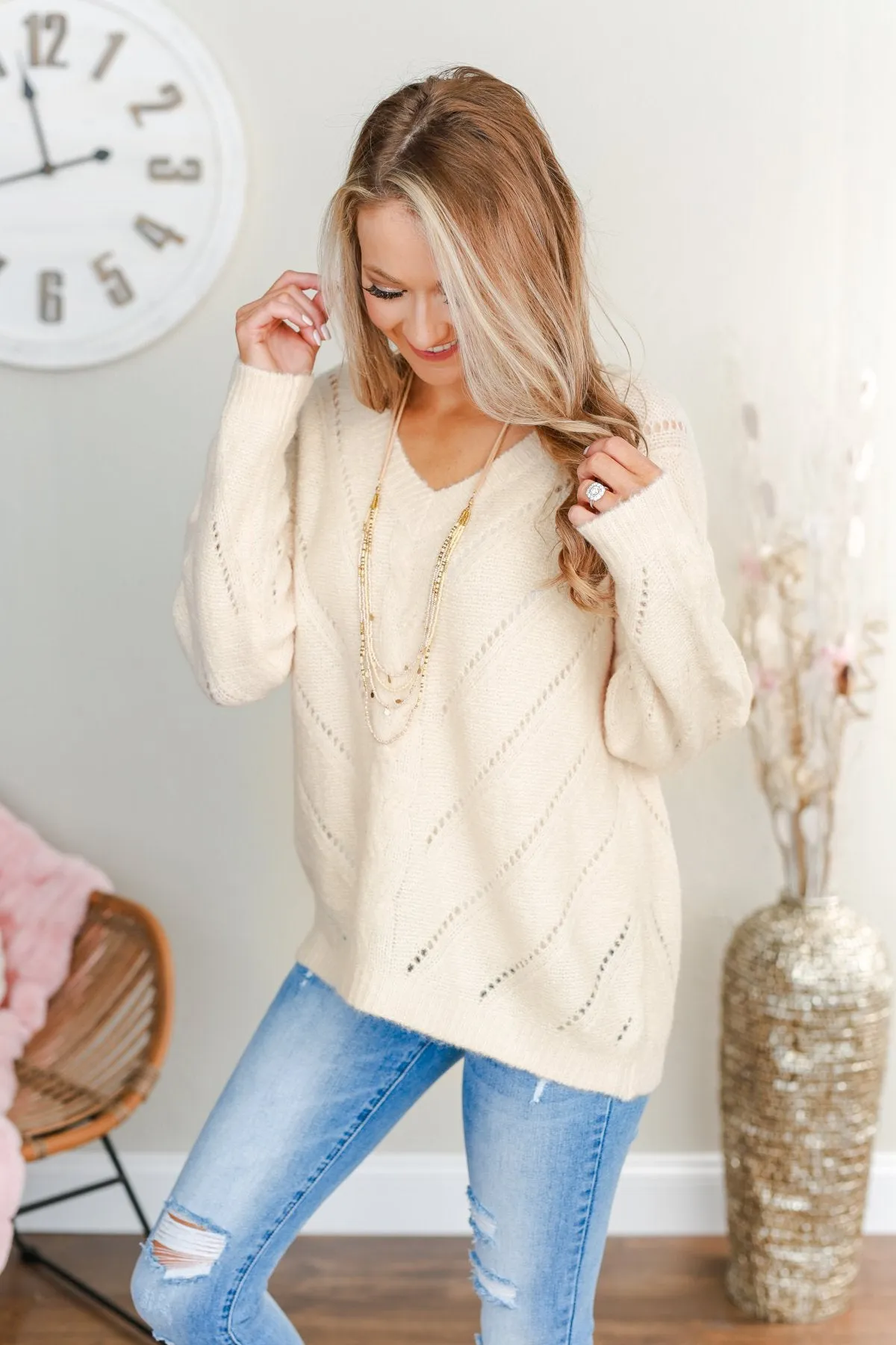 Dance Into The Night Pointelle Sweater- Cream