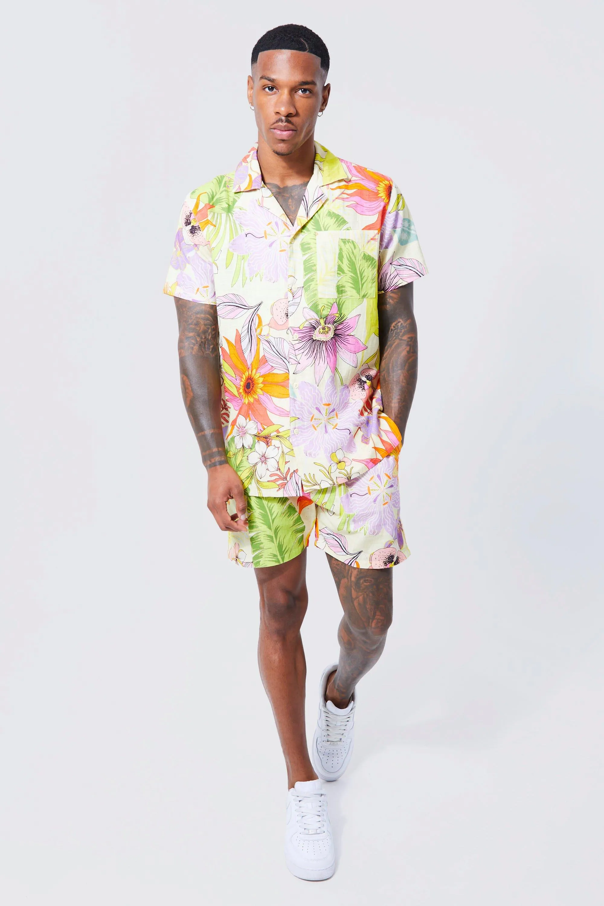 Short Sleeve Regular Multi Flower Shirt And Short | boohooMAN UK