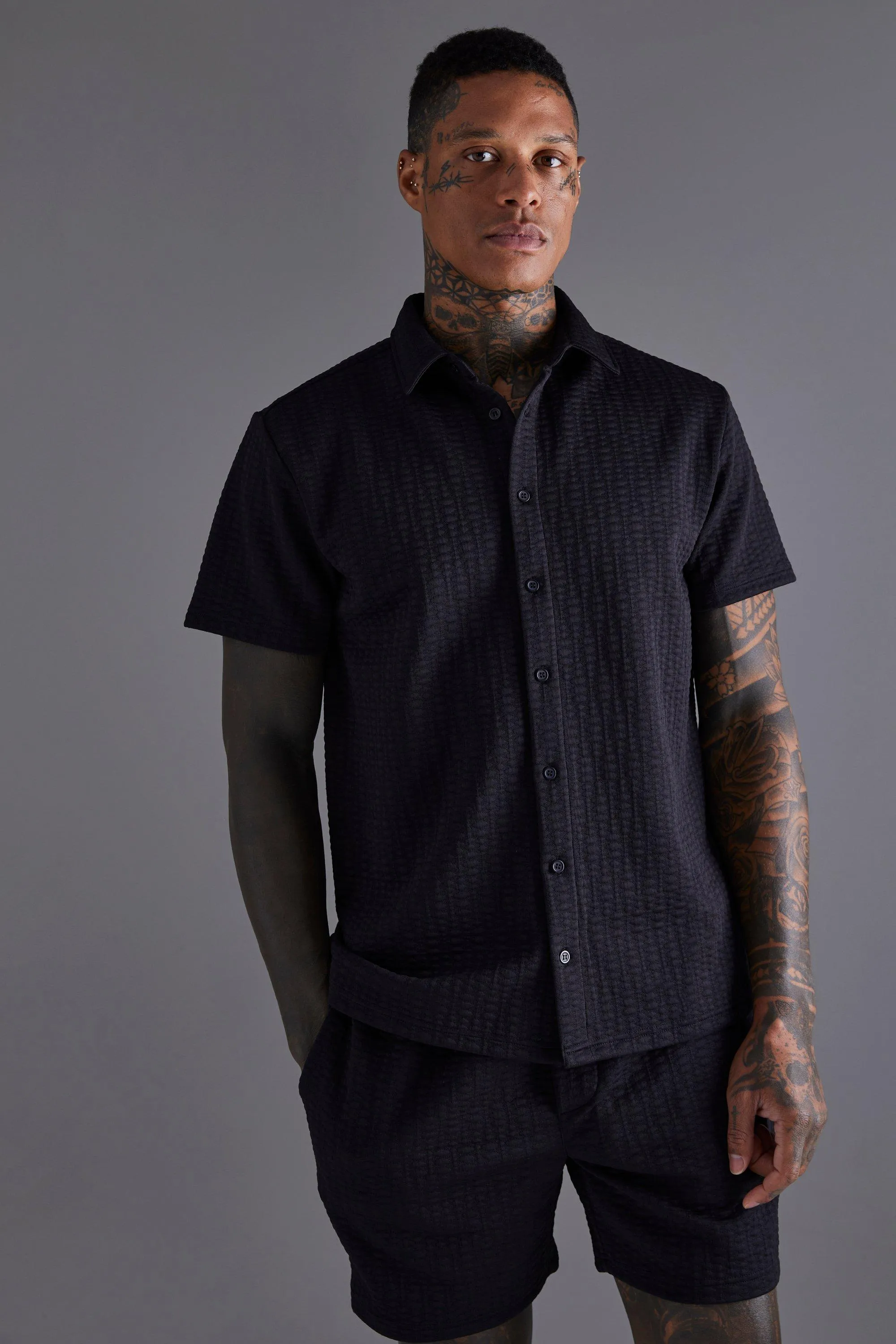 Short Sleeve Textured Stretch Shirt And Short Set | boohooMAN UK