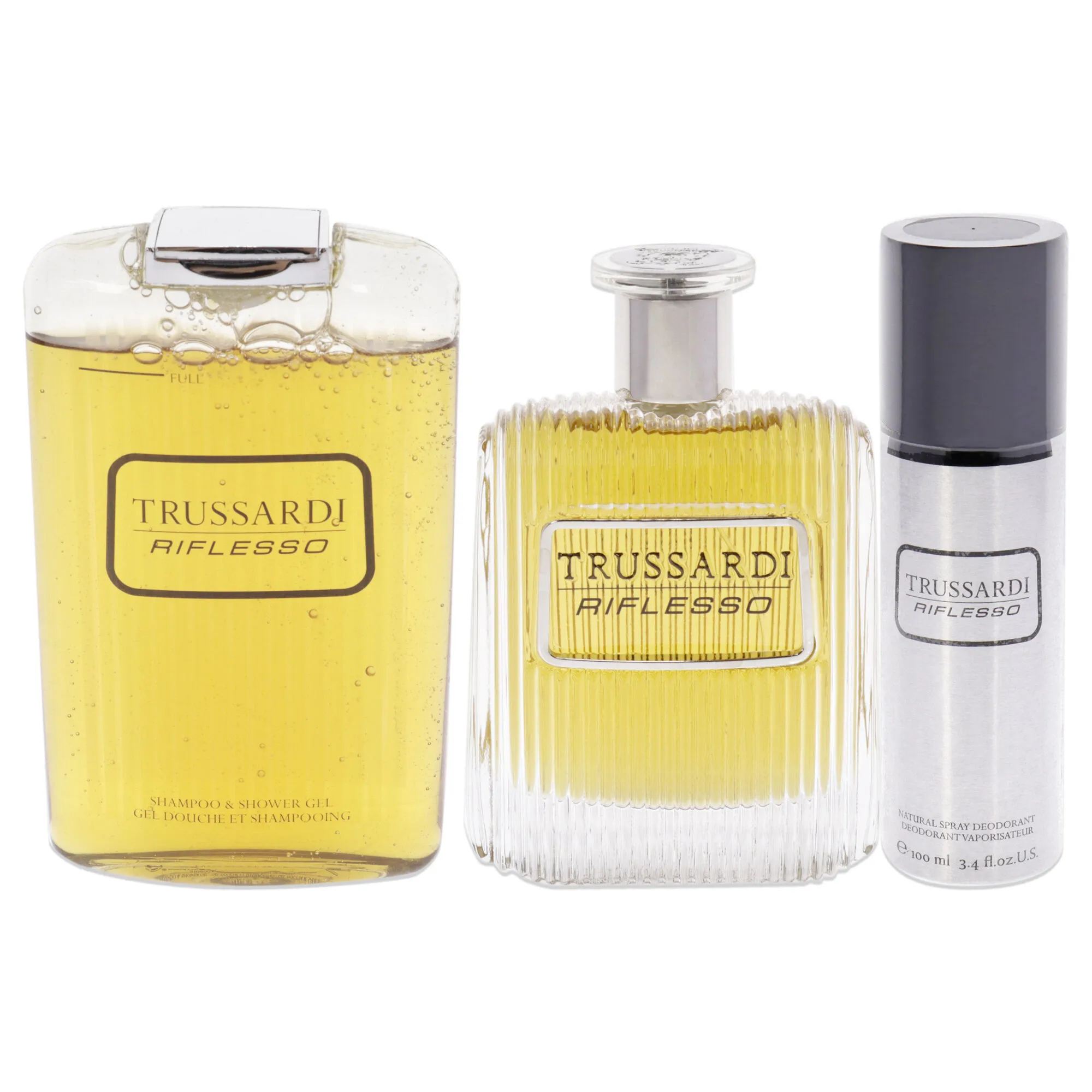 Trussardi Riflesso by Trussardi for Men - 3 Pc Gift Set 3.4oz EDT Spray, 6.8oz Shampoo and Shower Gel, 3.4oz Deodorant Spray